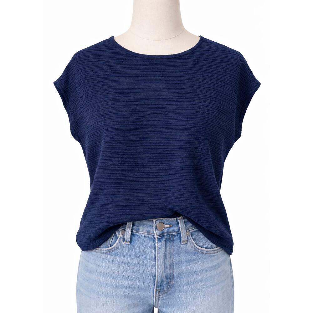 LASCANA Navy Blue Textured Cap Sleeve Boxy Knit Top Womens 12/14 EUC